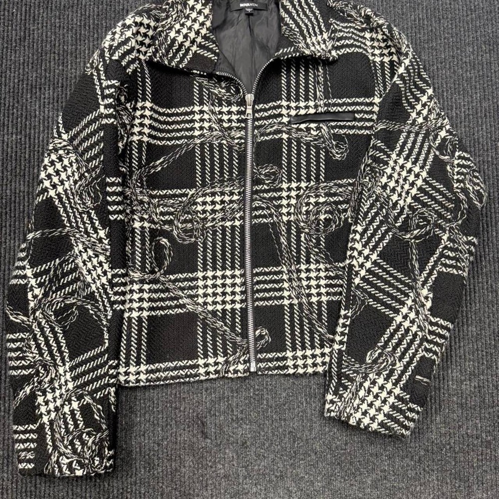 Nova Men black and white plaid jacket with chain graphic